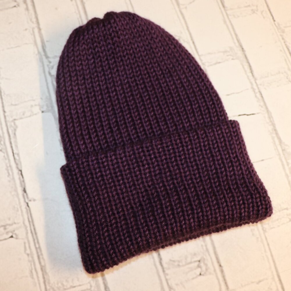 💜 Dark Purple Satin Knitted Beanie – Handmade · Women’s Medium